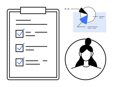 Kontrol işaretli görev listesi, veri analizi gösteren pasta grafiği ve kişiselleştirme için profil simgesi. Üretim, planlama, organizasyon, analitik, takım çalışması, hedef projesi için ideal