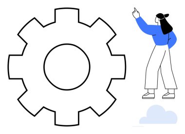 Ekip çalışmasını, süreci ve problem çözmeyi temsil eden büyük ölçekli ekipmanlara el kol hareketi yapan biri. Yenilik, gelişme, endüstri, işbirliği, üretkenlik planlaması için ideal düz metafor