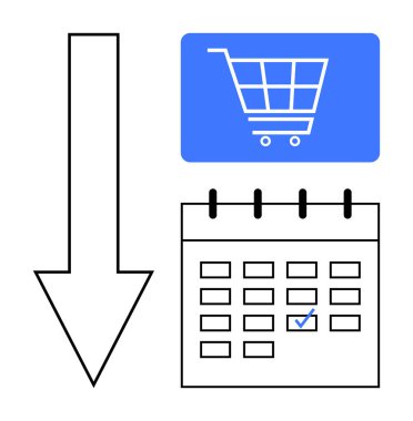 Aşağı ok, alışveriş arabası ikonu ve satışları, son teslim tarihlerini, etkinlik planlamasını, e-ticaret kampanyalarını ve zaman sınırlı teklifleri vurgulayan takvim. Zamanlama için ideal, anımsatıcılar