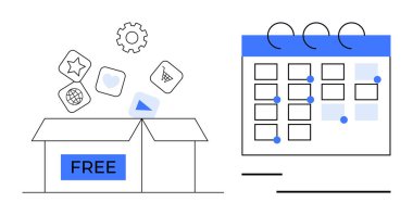 Uygulama simgelerinin yüzdüğü FREE etiketli kutucuğu planlanmış olayların olduğu bir takvimin yanında aç. Teknoloji, organizasyon, verimlilik, planlama, planlama, iş yeniliği için idealdir. Düz basit