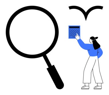 Kadın, büyüteç ve soyut kuş şeklinin yanında hesap makinesiyle etkileşime giriyor. Veri analizi, araştırma, karar verme, kesinlik, eğitim, doğruluk, düz basit metafor