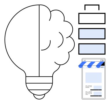 Ampul, yeniliği temsil eden beyinle harmanlanmış, aşamaları gösteren ilerleme çubukları ve organizasyonu gösteren dijital torpido gözüyle. Yaratıcılık, üretkenlik, yenilik ve teknoloji için ideal