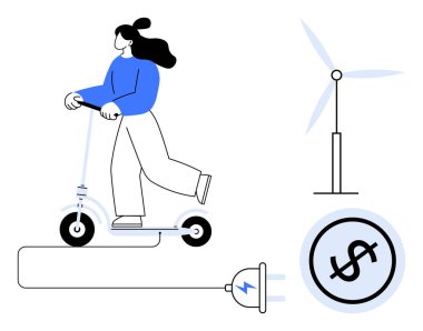 Elektrikli scooter kullanan, şarj prizi, rüzgar türbini ve sürdürülebilirliği destekleyen dolar sembolü olan biri. Çevre dostu hareketlilik, yenilenebilir enerji, maliyet tasarrufu, yeşil yaşam, temiz enerji için ideal