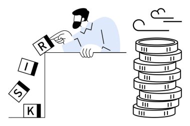 RISK istikrarlı bir madeni para yığınının yanında takla atarken stratejik olarak müdahale eden adam, proaktif finansal planlamayı sembolize ediyor. Güvenlik, finans, karar verme, istikrar, yatırım ve öngörü için ideal