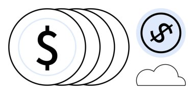 Birikmiş paraların yanında bir dolar işareti, finansal istikrar, tasarruf, çevrimiçi para transferi, bulut ekonomisi, büyüme, zenginlik ve dijital ekonomi, düz bir metaforu temsil ediyor.