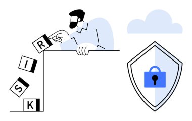 RISK 'i engelleyen bir adam kilit sembollü bir kalkanın yanındaki çıkıntıdan aşağı atıyor. Siber güvenlik, risk yönetimi, veri koruması, çevrimiçi güvenlik, güvenli işlemler, gizlilik koruması için ideal