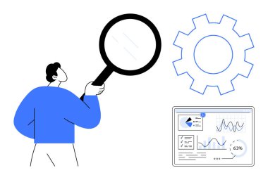 Kişi vites ve analitik gösterge panelinin yanında büyüteç tutuyor, araştırma ve problem çözmeyi temsil ediyor. Veri analizi, strateji, iş büyümesi, yenilik, optimizasyon, verimlilik için ideal