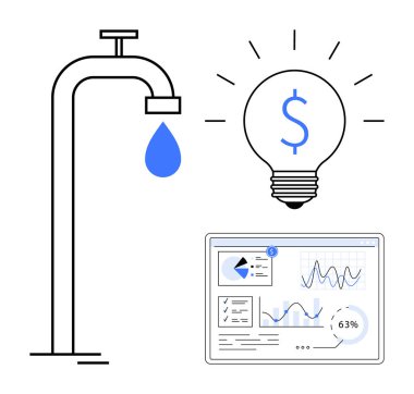 Mavi damlası olan musluk, parlayan dolar işareti ampulü, grafikleri ve grafikleri olan analitik gösterge paneli. Finans, sürdürülebilirlik, kaynak verimliliği, tasarruf, yenilik, iş anlayışı için ideal