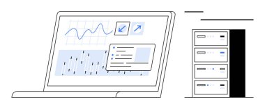 Bağlı sunucuların yanında grafikleri, grafikleri ve veri analiz araçlarıyla dizüstü bilgisayar ekranı. Analiz, teknoloji, ağ, veritabanı yönetimi, bulut hesaplama, bilişim altyapısı için ideal