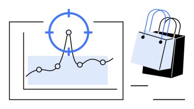 Hedef reticle izleme veri noktaları ve alışveriş torbaları, piyasa analizi, tüketici davranışı, çevrimiçi alışveriş, eTicari trendler, satış büyümesi, perakende stratejisi içeren grafikler. İş için ideal
