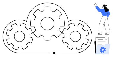 Sistemin bütünleşmesini sembolize eden üç vitesi kaplayan büyük bulut, bir kişi de belgeleri ve iş akışını analiz ediyor. Takım çalışması, bulut hesaplama, sistem optimizasyonu ve dijital hizmetler için ideal