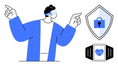 VR kulaklık takan bir kişi, kilit sembollü bir kalkan ve kalp atışı ekranlı bir akıllı kaset. Teknoloji, güvenlik, sağlık izleme, yenilik, kullanıcı deneyimi, sanal