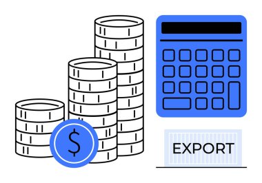 Birikmiş paralar, hesap makinesi ve İhracat etiketi ticaret, finans, muhasebe ve kazançları vurguluyor. Ticaret, ekonomi, ticaret yönetimi pazar analizi için ideal daire