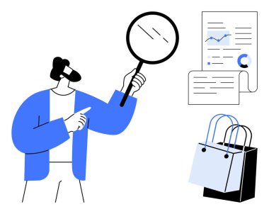Finansal belgeleri büyüteçle inceleyen bir adam. Alışveriş torbaları ve performans grafikleri de dahil. İş analizi için ideal, finansal inceleme, piyasa araştırması, e-ticaret denetimi, tüketici