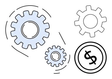 Dönen dişliler ve dolar işareti işbirliğini, optimizasyonu, finansal başarıyı, büyümeyi simgeliyor. İş için ideal, verimlilik, takım çalışması, yenilik, planlama teknolojisi için sade metafor