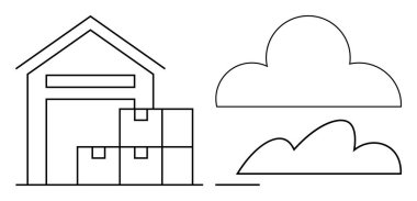 Bulut şekillerinin yanında istiflenmiş kutularla dolu depo veri depolama, yönetim ve lojistik verimliliği gösteriyor. Lojistik, teknoloji, veri depolama, bulut hesaplama ve envanter için ideal