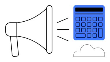 Hesap makinesine ve buluta doğru büyüyen megafon, pazarlamayı, teknolojiyi, veri bağlantısını, dijital stratejiyi sembolize ediyor. İletişim, reklam, finans, bulut hesaplama analizleri için ideal