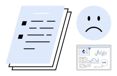 Madde işaretli belgeler, üzgün yüz ifadesi ve azalan grafikli analitik gösterge paneli. Başarısızlık, analiz, hayal kırıklığı, eleştiri, geribildirim stratejisi için idealdir. Düz basit metafor