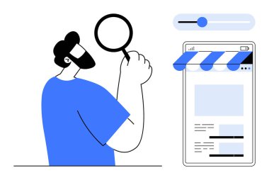 Akıllı telefon ekranının yanında elinde büyüteç olan bir adam, sürgülü çubuk. Analiz, araştırma, mobil arayüz, e-ticaret, keşif, kullanıcı etkileşimi, düz basit metafor için ideal