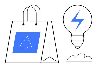 Geri dönüşüm oklu çanta, yıldırımlı ampul, bulut. Sürdürülebilirlik, yeşil enerji, çevreci farkındalık, geri dönüşüm, enerji verimliliği, yenilikçi atık yönetimi için idealdir. Düz basit