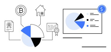 Kripto para birimini, sertifikaları, özellikleri ve analizleri ekrana bağlayan bir pasta şeması. Finans, ekonomi, teknoloji, yatırım, veri analizi dijital varlıklar için ideal