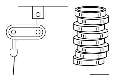 Endüstriyel otomasyon, yatırım ve teknoloji entegrasyonunu tasvir eden madeni paraların yanında hassas bir aletle robot kolu. Sanayi, finans, yenilik, robot bilimi ve ekonomi için ideal