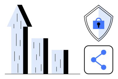 Çubuk grafiğin yanında yukarı ok, kilitle kalkan ve simgeyi paylaş. Ticari ölçüler, siber güvenlik, veri koruması, dijital paylaşım, büyüme stratejisi, iş analitiği güvenli veriler için ideal