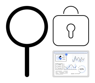 Büyüteç, asma kilit, veri analiz paneli güvenlik, araştırma ve performans analizini gösteriyor. Teknoloji, gizlilik, araştırma, siber güvenlik veri analizi eğitimi için ideal