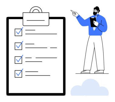 İş adamı, tamamlanmış görevleri gösteren işaretli büyük bir panoya işaret ediyor. Üretkenlik, planlama, organizasyon, görev yönetimi, proje iş akışı, hesap verebilirlik, daire