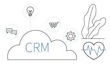 Konuşma baloncuklu CRM bulutu, ampul, alışveriş arabası, vites, kalp atışı ve bitki yaprağı ikonları. Veri yönetimi, iş büyümesi, sağlık izleme iletişimi yeniliği e-ticaret için ideal