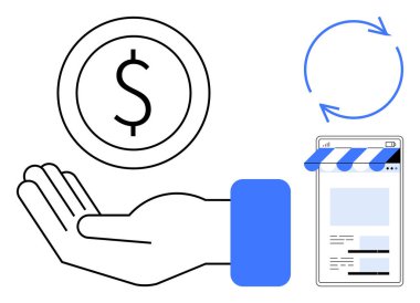 Dolar sikkesi, mobil arayüz simülasyon uygulaması, işlem döngüleri için dairesel oklar. Finans, ödeme, e-ticaret, tasarruf, teknoloji işlem ekonomisi için ideal. Düz