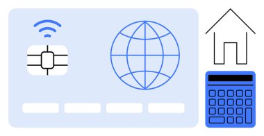 Çipli ve kablosuz ikonlu kredi kartı, küresel ağ, hesap makinesi ve ev hatları. Bankacılık, küresel ödemeler, ev finansmanı, bütçe, teknoloji bağlantısı için ideal basit düz metafor