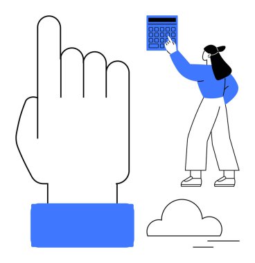 Büyük el hareketi puanları yukarı doğru, kadın hesap makinesi tuşuna basıyor, aşağısı bulutlu. Finans, muhasebe, bütçe, karar verme, eğitim, teknoloji veri yönetimi için ideal basit bir metafor