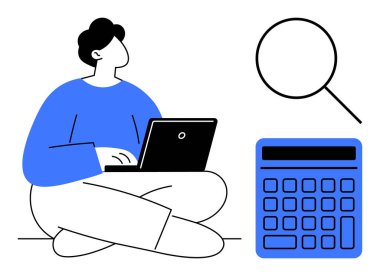 Bir dizüstü bilgisayar, büyüteç ve hesap makinesiyle oturan kişi analizi, çalışmayı, problem çözmeyi ve planlamayı vurguluyor. Eğitim, araştırma, muhasebe bütçesi teknolojisi verimliliği için ideal