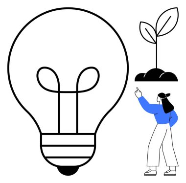 Büyük minimalist ampul, toprakta filizlenen filizler, yukarıya bakan bir kadın. Yenilik, büyüme, sürdürülebilirlik, yaratıcılık, yenilenebilir enerji eğitimi ve çevre dostu kavramlar için idealdir. Düz