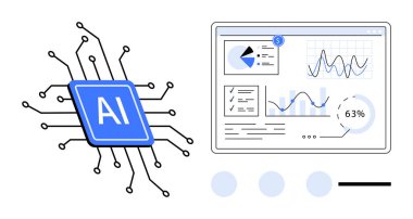 Kontrol panelinin yanında devre bağlantıları olan yapay zeka çipi grafikleri, analizleri ve ilerleme ölçümlerini gösteriyor. Teknoloji, yenilik, veri analizi, makine öğrenimi, yapay zeka entegrasyonu, dijital