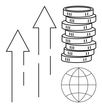 Yükselen oklar, birikmiş paralar ve küresel finans, başarı, büyüme ve küresel finansmanı simgeleyen bir dünya çizgisi. Ticaret, finans, ekonomi yatırım ticareti küreselleşme yeniliği için idealdir. Düz basit