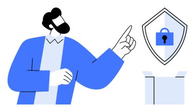 Mavi elbiseli bir adam açık bir kutunun üzerinde kilit sembolü olan bir kalkanı işaret ediyor. Güvenlik, veri koruması, siber güvenlik, güvenlik bilgileri, gizlilik, şifreleme için ideal, çevrimiçi