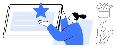 Tablet ekranındaki bir yıldızı işaret eden kişi, saksı bitkileriyle çevrili. Kullanıcı reytingleri, kişisel tercihler, geri bildirim, dijital etkileşim, yaratıcılık, organizasyon ve başarı için ideal. Asgari