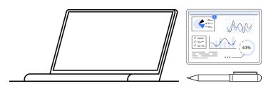 Analitik gösterge paneli ve kalemin yanına dizüstü bilgisayar aç. Veri görselleştirmesi, takım çalışması ve planlama vurgulansın. Üretkenlik, teknoloji, yenilik, işbirliği, verimlilik için ideal karar verme mekanizması