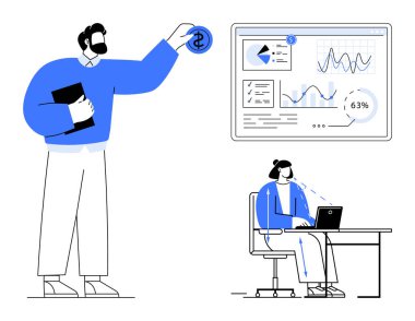 Analitik gösterge panelinin yanında duran ve dizüstü bilgisayar verilerini analiz eden biri. Takım çalışması, finans, istatistik, teknoloji, üretkenlik, iş stratejisi, eğitim için ideal. Düz