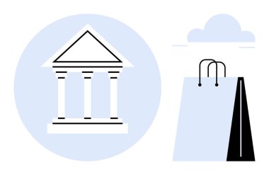Bulutların altında alışveriş çantasının yanında sütunları olan klasik bir bina. Bankacılık, ticaret, ekonomi, perakende, e-ticaret, yatırım, tüketim için ideal. Temiz düz basit metafor