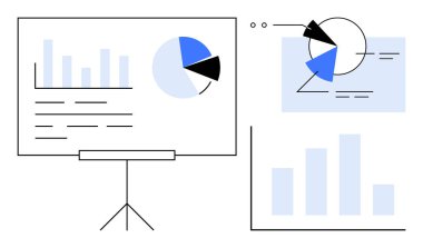 Grafik, pasta grafiği ve analitik öğeleri olan sunum tahtası. Veri analizi, iş sezgileri, eğitim, istatistik, takım stratejisi ve piyasa araştırmaları için ideal. Temiz daire