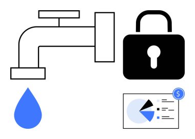 Su damlası, kilit sembolü ve analitik grafiği olan musluk kaynak tahsisi, koruma ve finansal anlayışa işaret ediyor. Güvenlik, ekonomi, veri, gizlilik koruma dijital finansmanı için ideal