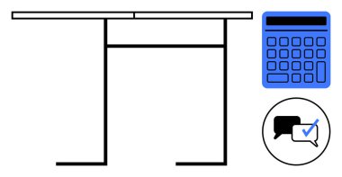 Masa altı desteği, mavi hesap makinesi ve işaretli bir iletişim simgesi olan çizelge. İş yeri, çalışma alanı, teknoloji, iletişim, muhasebe, organizasyon için ideal