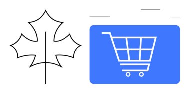 Mavi bir dikdörtgen içinde alışveriş arabası, çizilmiş bir akçaağaç yaprağının yanında perakende ve çevresel farkındalığı sembolize ediyor. E-ticaret, eko-alışveriş, perakende, sürdürülebilirlik ve Kanada temaları için ideal