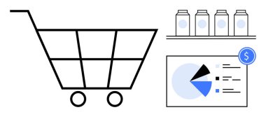 Alışveriş arabası, raflarda süt kapları, üzerinde turta grafiği ve dolar işareti olan analitik çizelge. Perakende stratejisi, satış takibi, tüketici davranışı, envanter yönetimi, e-ticaret, pazarlama için ideal