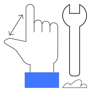 Ölçüm oku, alet anahtarı ve bulut sembolüyle el işaretleri. Üretkenlik, inşaat, yenilik, onarım, takım çalışması, bulut çözümleri için ideal düz bir metafor