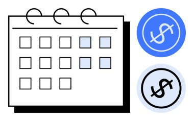 Vurgulanmış tarihli takvim şebekesi, parasal planlamayı, teslim tarihlerini, zamanlamayı, ödeme takibini vurgulayan mavi ve siyah dolarlık simgeler. Bütçe, zaman yönetimi, süreler, amaç için ideal