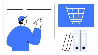 Tahtada yazan kişi, mavi alışveriş arabası grafiği ve ofis dosyaları. E-ticaret, iş stratejisi, çevrimiçi alışveriş, planlama, eğitim, üretkenlik takım çalışması için ideal basit bir metafor